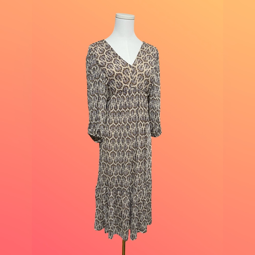Lucky Brand Neutral Printed V-Neck Long Sleeve Maxi Dress